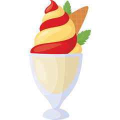 Pixel Art Swirl Soft Serve Ice Cream Sundae with Wafer Cone and Mint Leaves in a Glass Bowl Isolated on White Background