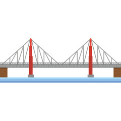 Pixel art suspension bridge with red towers and grey cables over blue water on a white background