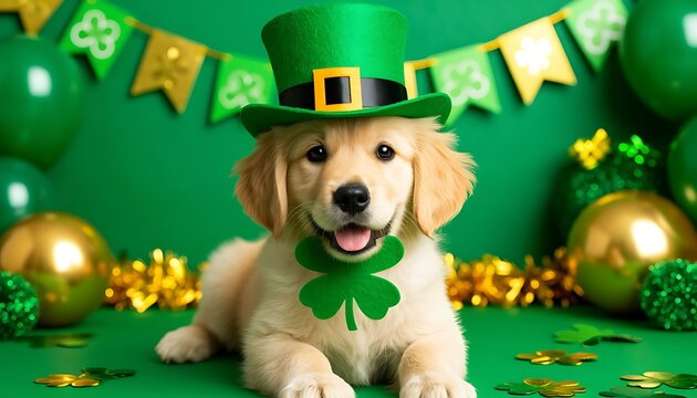 Happy golden retriever puppy wearing a leprechaun hat and shamrock collar, lying on green background with festive decorations