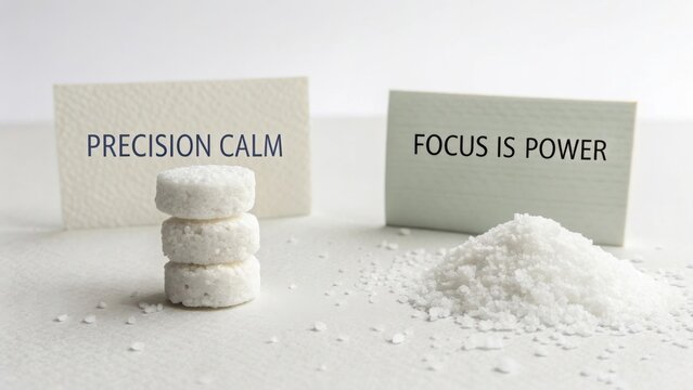 Motivational Messages on Cards with Sugar Crystals and Tablets Representing Clarity and Focus in Productivity