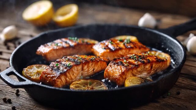 Sizzling Salmon Delight: A close-up shot of grilled salmon fillets with lemon slices and garlic cloves, expertly cooked in a hot cast-iron pan, promising a flavorful culinary experience.