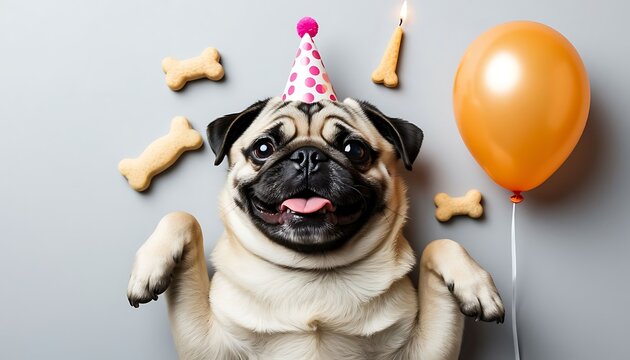 Cute pug dog wearing a party hat, smiling for its birthday, surrounded by bone cookies, candle, and balloon - Powered by Adobe