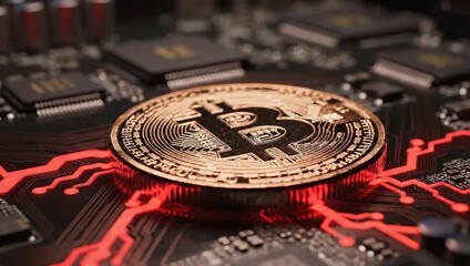 Bitcoin Cryptocurrency Digital Currency on Circuit Board Technology Concept.
