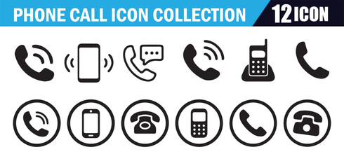 Phone call icon collection set of 12 isolated white background symbols. Essential tools for communication and contact.