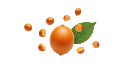 A whole and sliced bright orange fruit with a green leaf on a white background, representing fresh and healthy food options