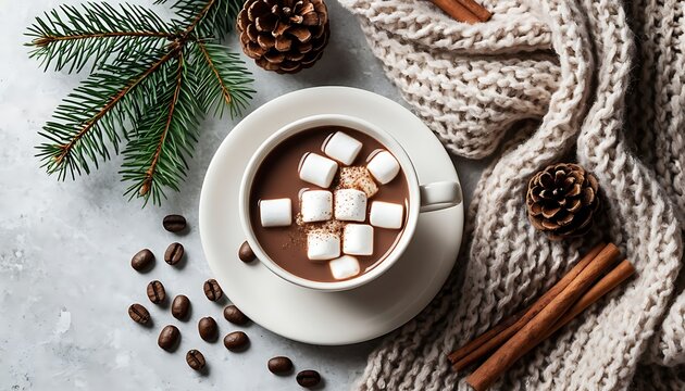 Hot chocolate beverage featuring marshmallows, pine elements, roasted coffee beans, and cinnamon sticks, creating a cozy winter concept - Powered by Adobe