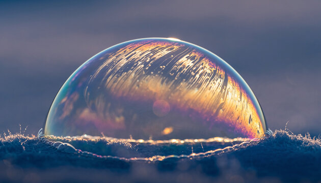 A frozen bubble with iridescent colors sits on a textured surface.