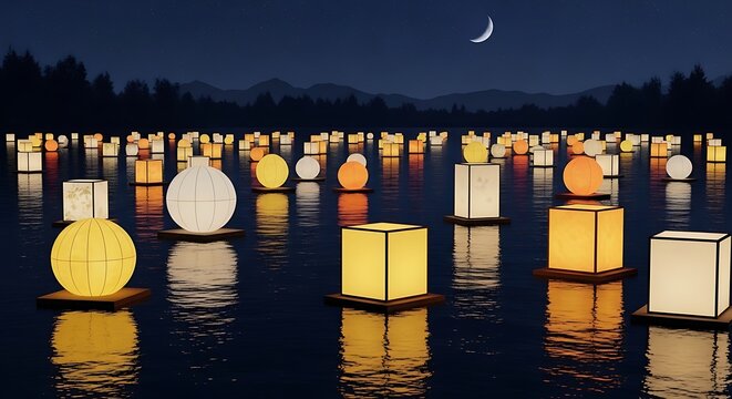 Floating lanterns illuminate a serene night lake under a crescent moon