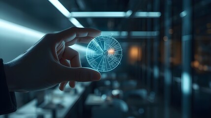 A close-up shot of a human hand interacting with a holographic 3D pie chart, futuristic office background, cinematic lighting, high-resolution photo.