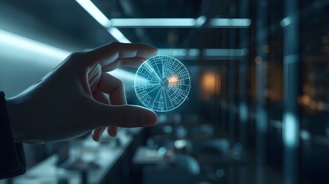 A close-up shot of a human hand interacting with a holographic 3D pie chart, futuristic office background, cinematic lighting, high-resolution photo.