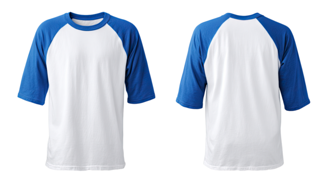 Two-sided view of a white tee shirt with royal blue raglan sleeves