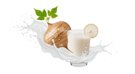 Healthy Jicama Milk Splash with Leaves and Slice, Refreshing Beverage Concept
