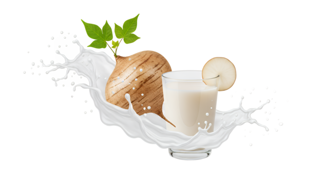 Healthy Jicama Milk Splash with Leaves and Slice, Refreshing Beverage Concept