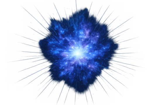 Cosmic explosion forming a vibrant blue and purple ethereal nebula with glowing stars, transparent background