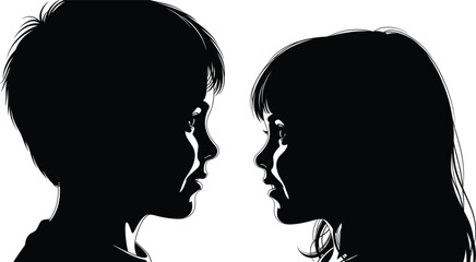 Silhouette of young boy and girl facing each other, side profile vector illustration, friendship, love, relationship, childhood connection, communication concept