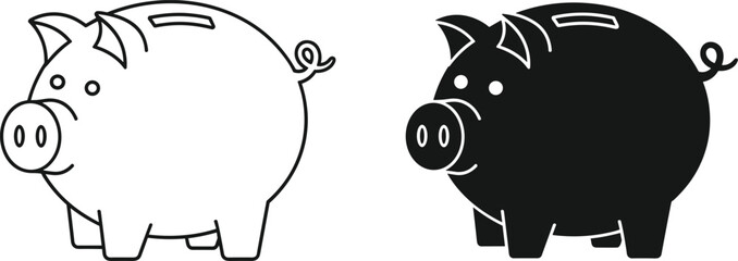 Piggy bank icon set, vector illustration of saving money concept, black silhouette and line art outline, financial investment symbol for banking logo design and economy.