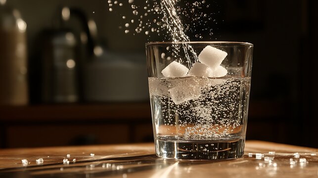 Water pours into a glass holding sugar cubes creating many bubbles on a table