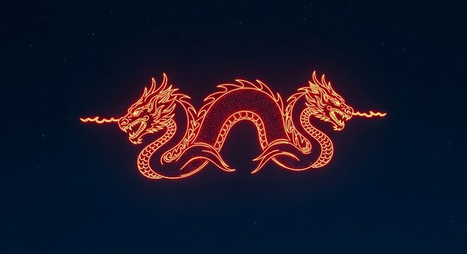 Fiery double dragon silhouette against dark night sky