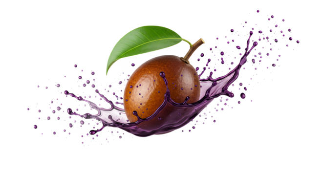 Fresh exotic sapodilla fruit with vibrant purple juice splash and green leaf, isolated on a clean white background, capturing refreshing natural sweetness - Powered by Adobe