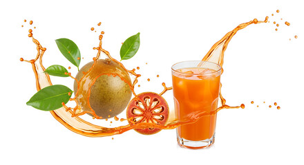 Refreshing Bael Fruit Drink Splash with Green Leaves and a Glass of Ice