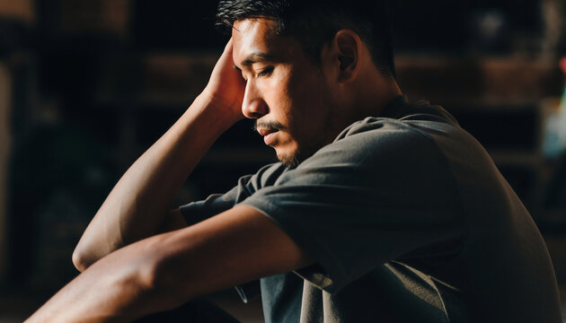 Man with hand on head looking down in thought or distress