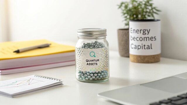 Modern workspace with glass jar for savings, papers, plant, and motivational quote in stylish office environment