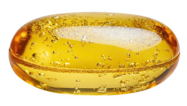 Close-up of a yellow, oval-shaped pill