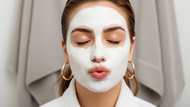 A close-up of a woman wearing a white clay facial mask, eyes closed, pursed lips, gold hoop earrings, and white bathrobe in a bright spa-like setting.