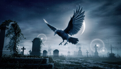 A crow flies over a spooky moonlit graveyard at night.