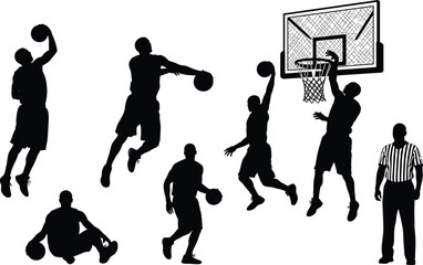 Set of basketball player silhouettes including dunking shooting dribbling men referee and hoop backboard isolated on white background for sport competition vector illustration design art. © MstNilufar