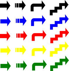 矢先短めのシンプルで使いやすい4種矢印(シンプル、破線、曲がり、ジグザグ)、5色セット(赤、黒、青、緑、黄)