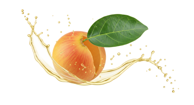 Splash of Juicy Apricot with Green Leaf and Droplets on White Background