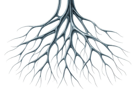 Tree roots structure forming a complex network, showing growth and connection with transparent background