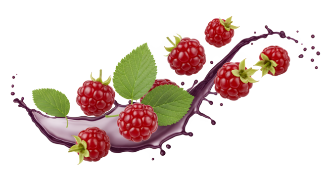 Juicy raspberries bursting with flavor, splashing into purple liquid, a vibrant splash of sweetness