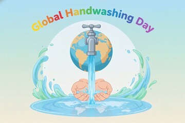 Illustration of hands under a tap with the Earth, celebrating Global Handwashing Day