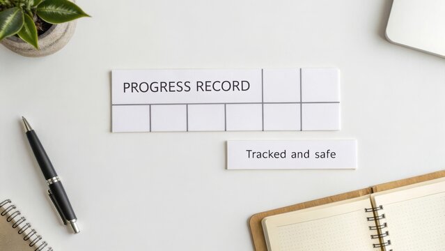 Progress record chart with motivational quote in office workspace featuring plants and stationery supplies on a clean desk