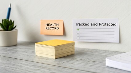 Organized workspace with health record reminders and checklist for maintaining personal health information in a modern office setting