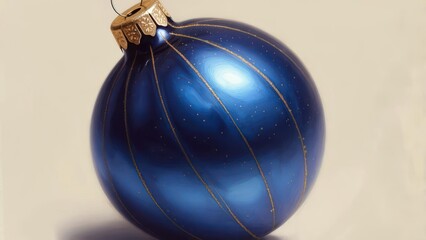 A close-up of a festive, blue spherical ornament with golden accents, set on a soft backdrop