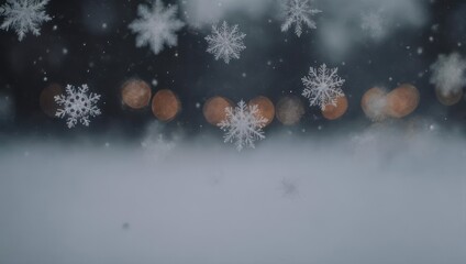 A wintry scene with falling snowflakes, bokeh lights in the background and a snowy foreground