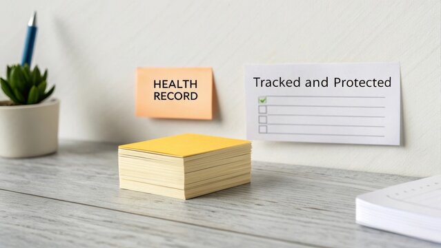 Organized workspace with health record reminders and checklist for maintaining personal health information in a modern office setting