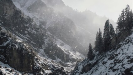 Snowy mountainside scene with evergreen trees, sunlight, mist, and falling snow
