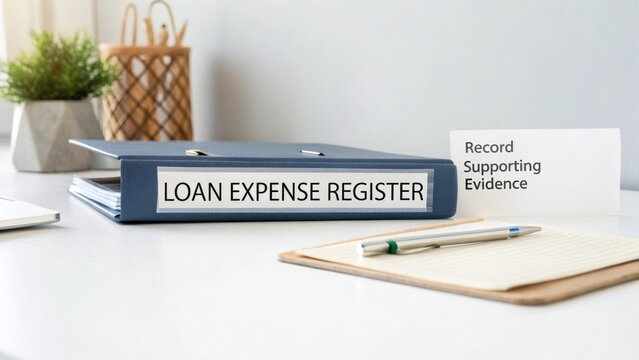 Organize Loan Expense Register with Supporting Evidence on Modern Work Desk in Bright Office Environment - Powered by Adobe