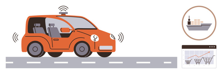 Naklejka premium Self-driving car driving on road with wireless signals, icons of cargo ship and e-commerce analytics. Ideal for transportation, connectivity, technology, innovation, automation, logistics, and future