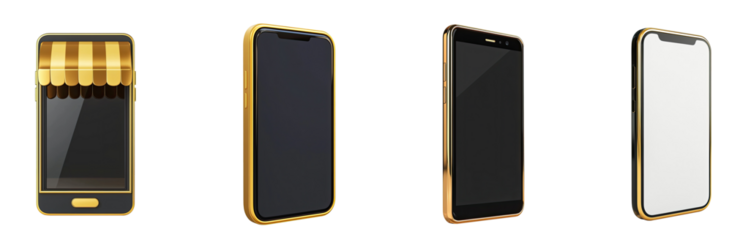 Four smartphones with a gold and black color scheme, one with a striped awning on its screen.