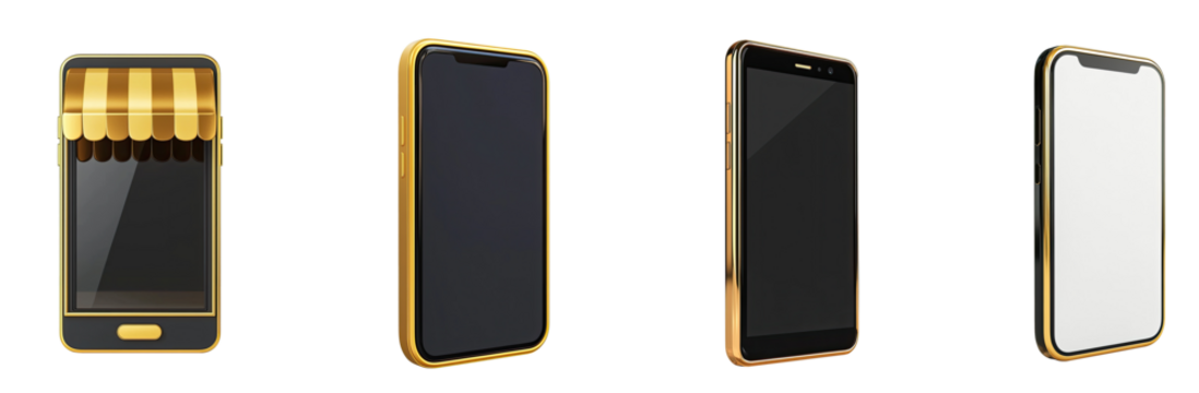 Four smartphones with a gold and black color scheme, one with a striped awning on its screen.