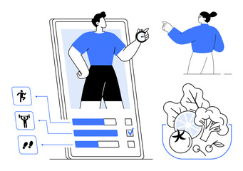 Fitness app user interface with exercise tracking metrics, mobile screen, person tracking progress, healthy salad bowl. Ideal for health, wellness, technology, exercise, nutrition lifestyle