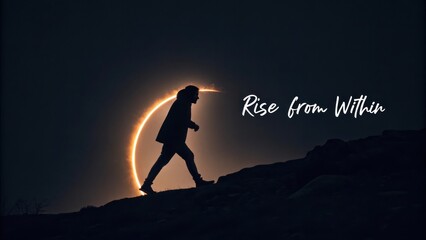 Person Walking Silhouette Against Dark Background with Bright Circular Light and Inspirational Quote on Self-Discovery