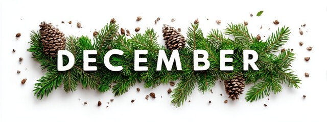 Vibrant photo of december text with pine branches and cones isolated on white background