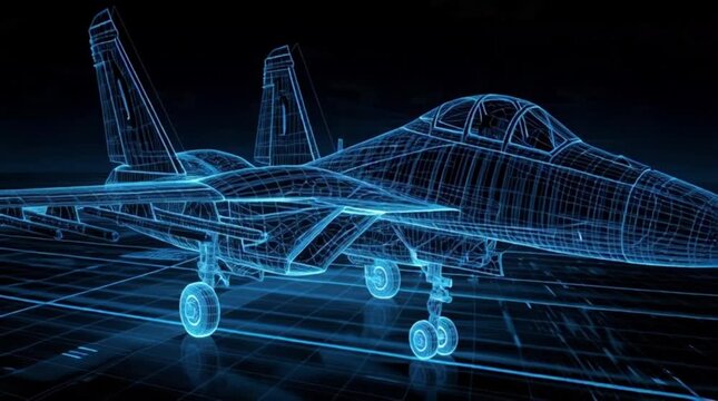 Futuristic fighter jet blueprint animation in blue neon, perfect for tech, engineering, or aviation presentations with cutting-edge visuals