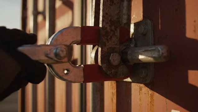 Close-up view of a rusty metal container door with a locking mechanism.